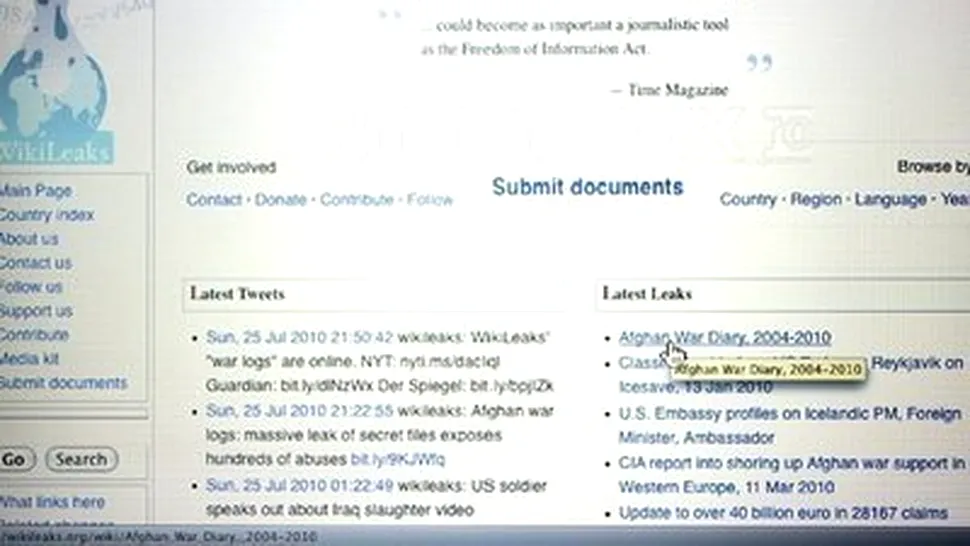 Aproximativ 1.000 de documente publicate de  WikiLeaks fac referire la Romania