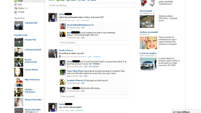 Pe Facebook, despre seismul din Japonia