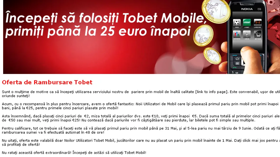 (P) Incepeti sa folositi Tobet Mobile si primiti pana la 25 euro inapoi!