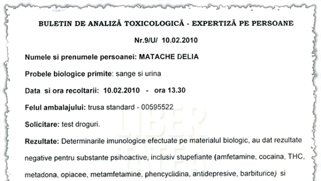 Dovada de la IML ca Delia Matache nu a luat droguri