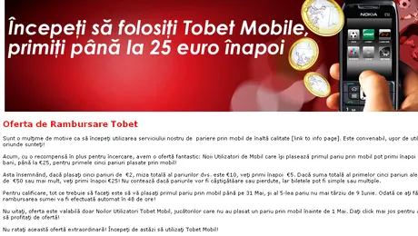 (P) Incepeti sa folositi Tobet Mobile si primiti pana la 25 euro inapoi!