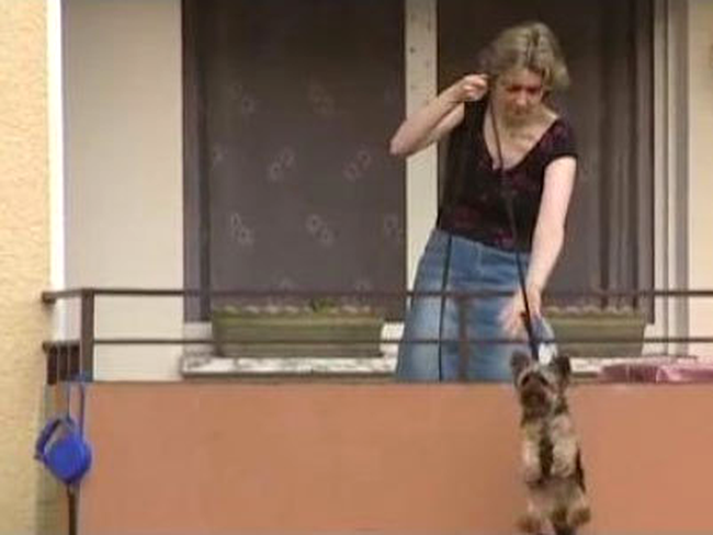 Sylvia isi plimba cainele... stand pe balcon