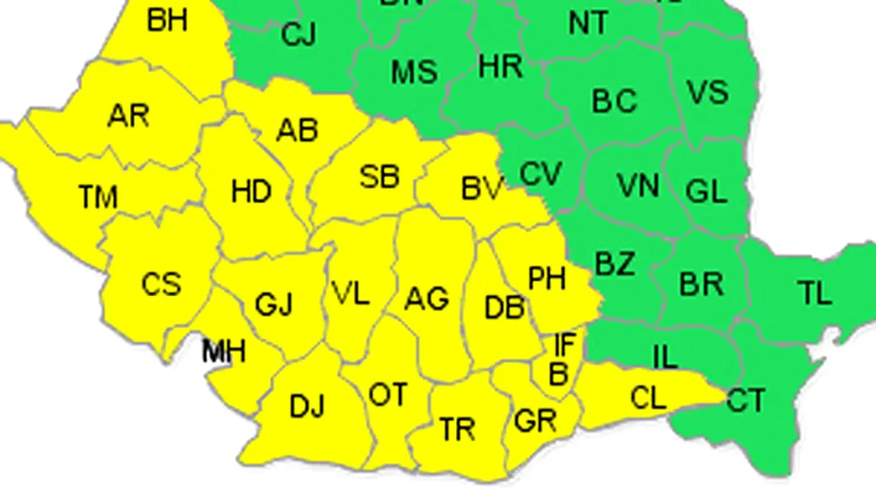 Avertizare cod galben de ploi și vânt în Capitală și alte 20 de județe din țară
