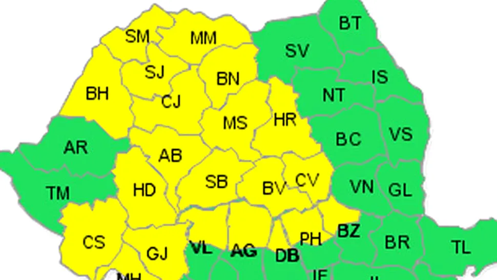 Cod galben de vremea rea în intervalul 17 - 18 septembrie, în mai multe zone din țară