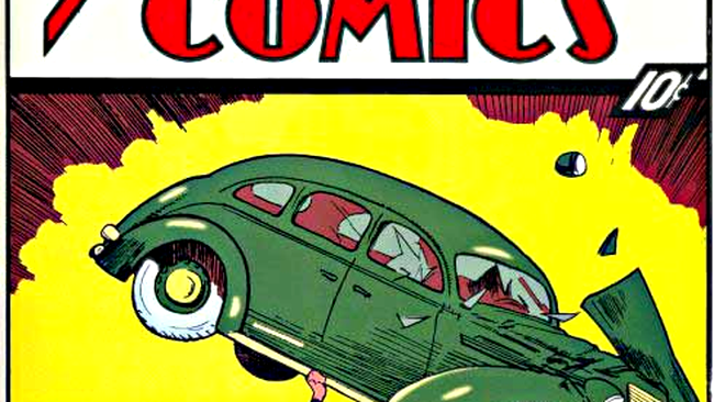 Superman ridica un automobil deasupra capului, in numarul din iunie 1938 al revistei Action Comics!