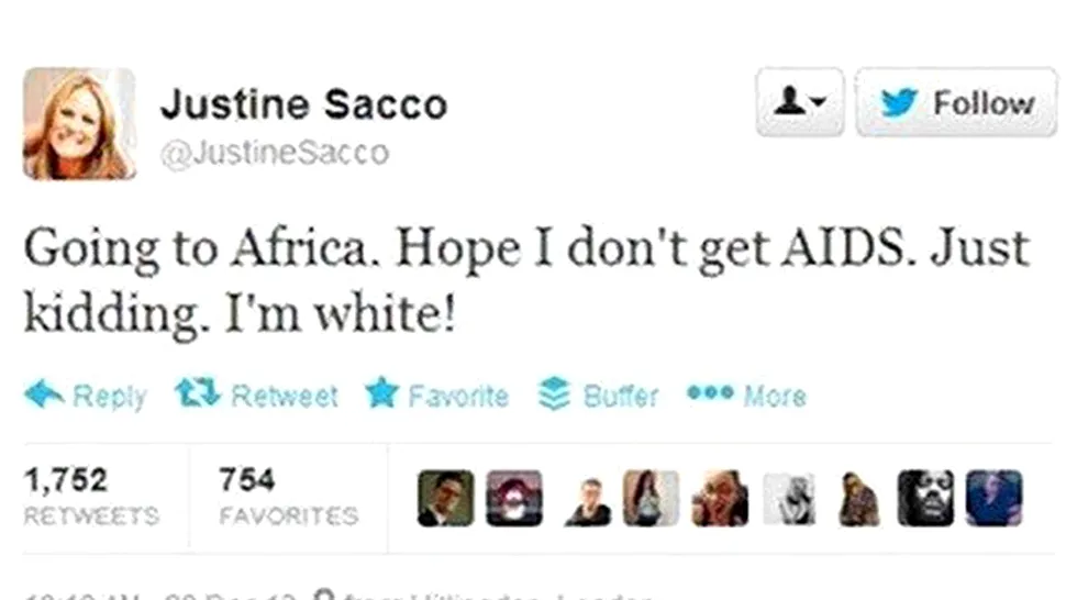 Concediată pentru o glumă cu tentă rasistă pe Twitter