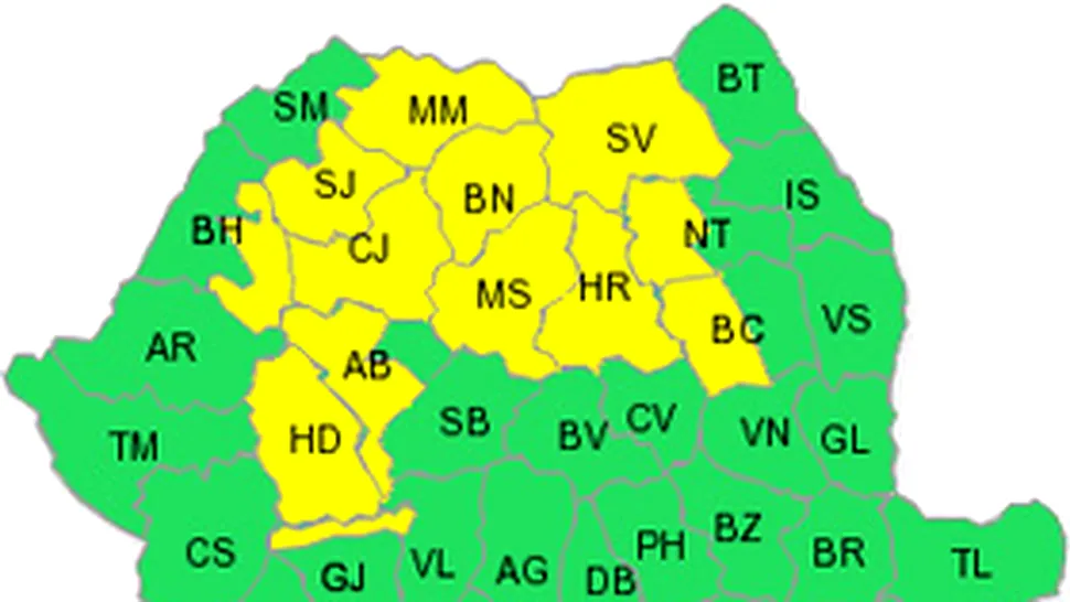 Avertizare meteo cu cod galben pentru 13 judete