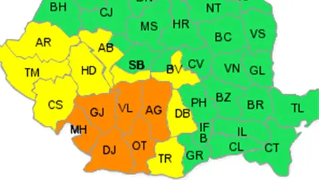 Cod portocaliu și galben de ploi în mai multe județe din țară