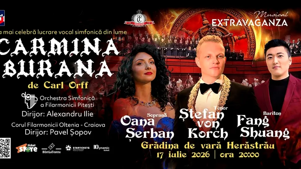 CARMINA BURANA  - premieră în aer liber, cu tenorul ŞTEFAN von KORCH pe scenă, pe 17 iulie la Grădina de Vară  Herăstrău din Bucureşti