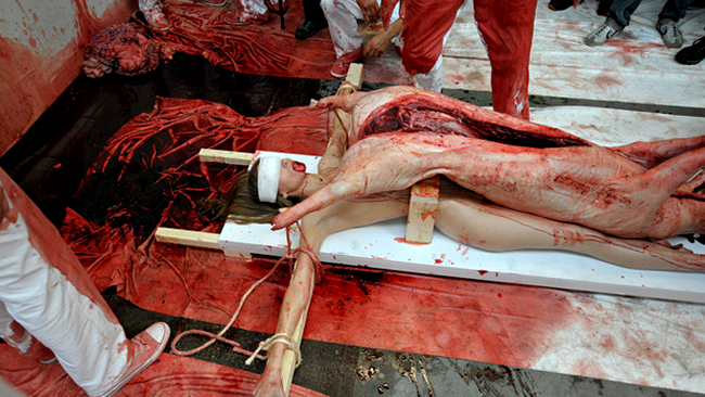 Hemrnann Nitsch face opere de arte cu animale moarte