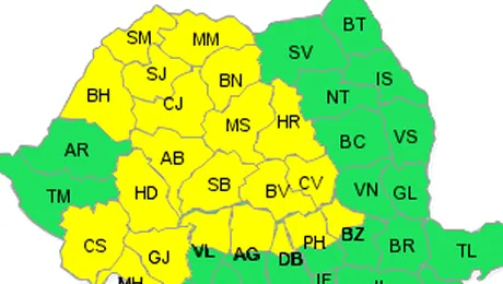 Cod galben de vremea rea în intervalul 17 – 18 septembrie, în mai multe zone din țară