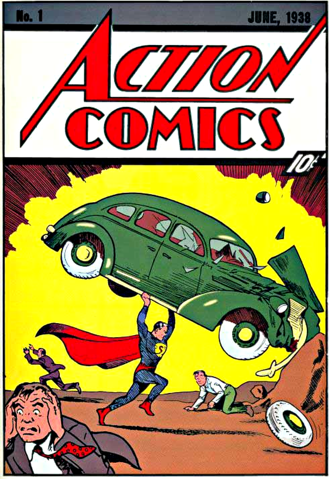 Superman ridica un automobil deasupra capului, in numarul din iunie 1938 al revistei Action Comics!