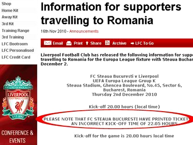 Site-ul lui Liverpool avertizeaza fanii in legatura cu ora eronata de incepere a meciului