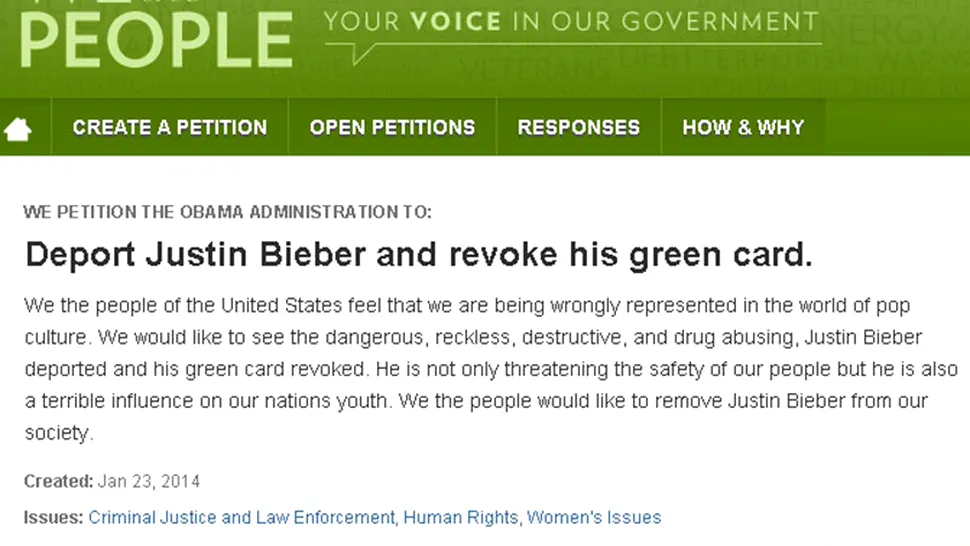 Mii de americani cer expulzarea lui Bieber