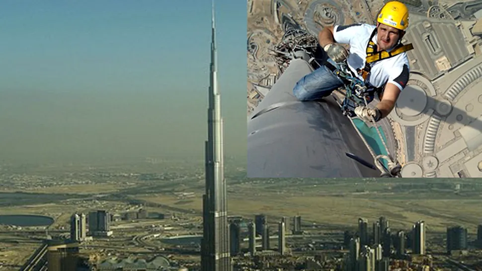 Cum se curata geamurile celei mai inalte cladiri din lume, Burj Dubai (Poze)