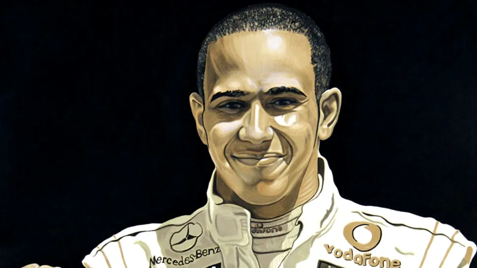 (P) Campionul de Formula 1 Lewis Hamilton, pictat in ulei ars