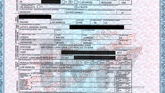 Certificatul de deces al lui Michael Jackson