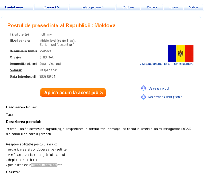 Job de presedinte, in Republica Moldova